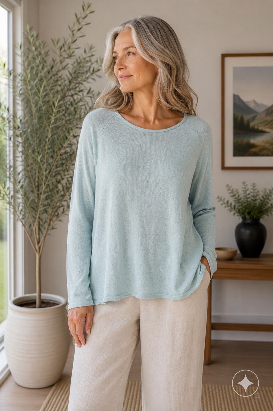 Eileen Fisher Petite Italian Yarn Modal Knit Sweater Aqua Blue PL Minimalist Top